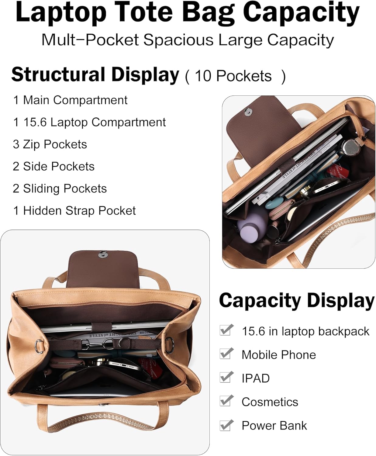 FADEON Large Laptop Tote Bag for Women Designer Leather Laptop Bag Fashion Travel Backpack Purse Shoulder Handbag