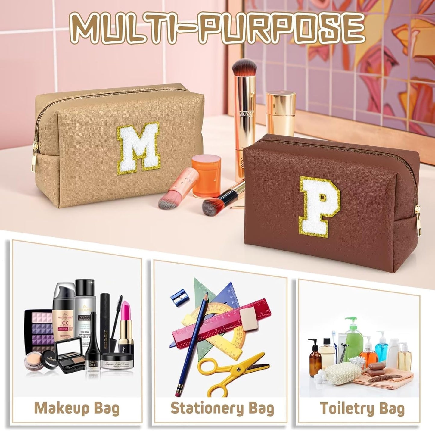 TOPEAST Initial Cosmetic Bag, PU Leather Waterproof Travel Toiletry Bag, Monogrammed Gifts for