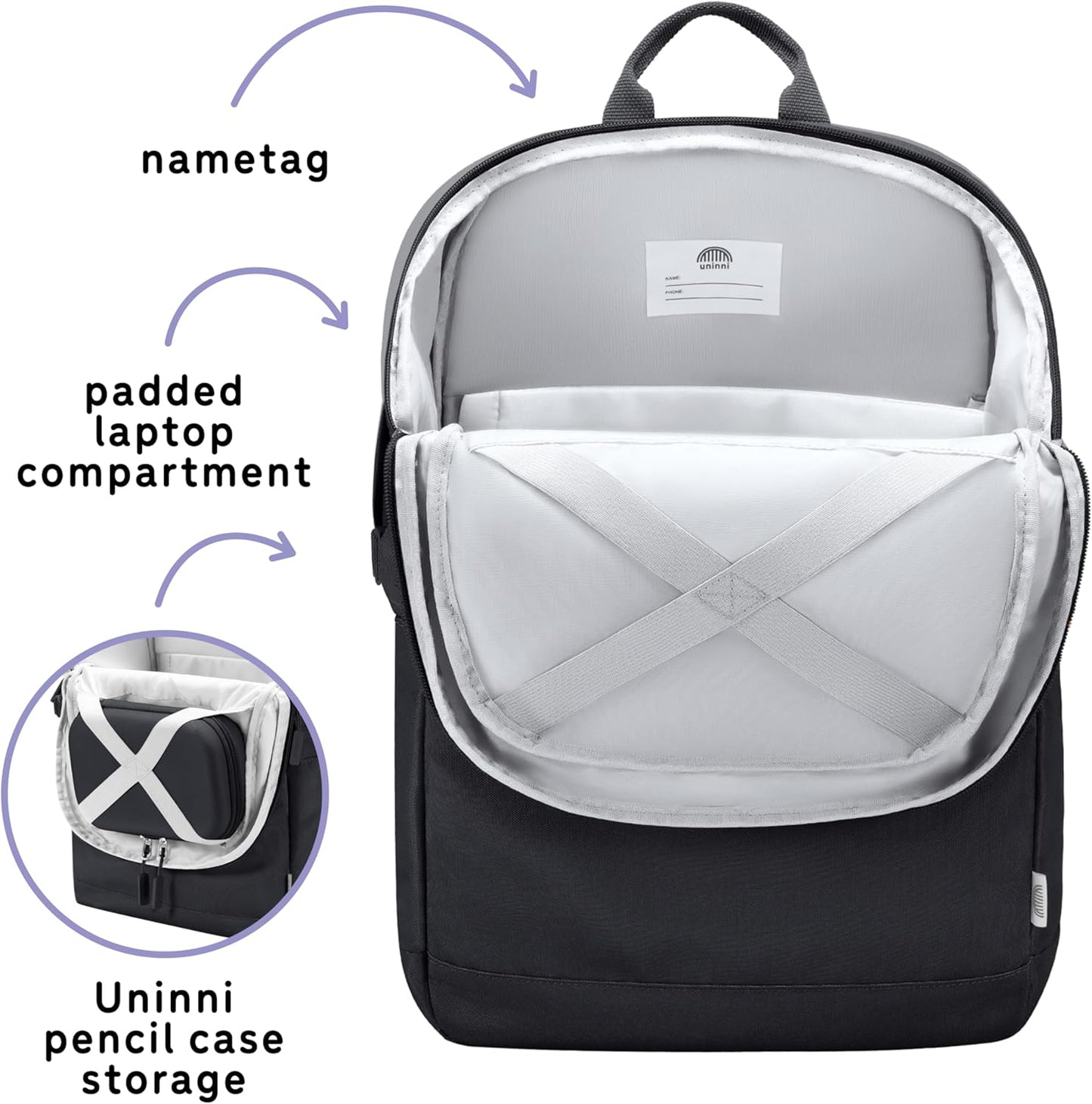 uninni 16” student backpacks, Age 8+ & Adults with Padded, and Adjustable Shoulder Straps, Laptop compartment. (Black)