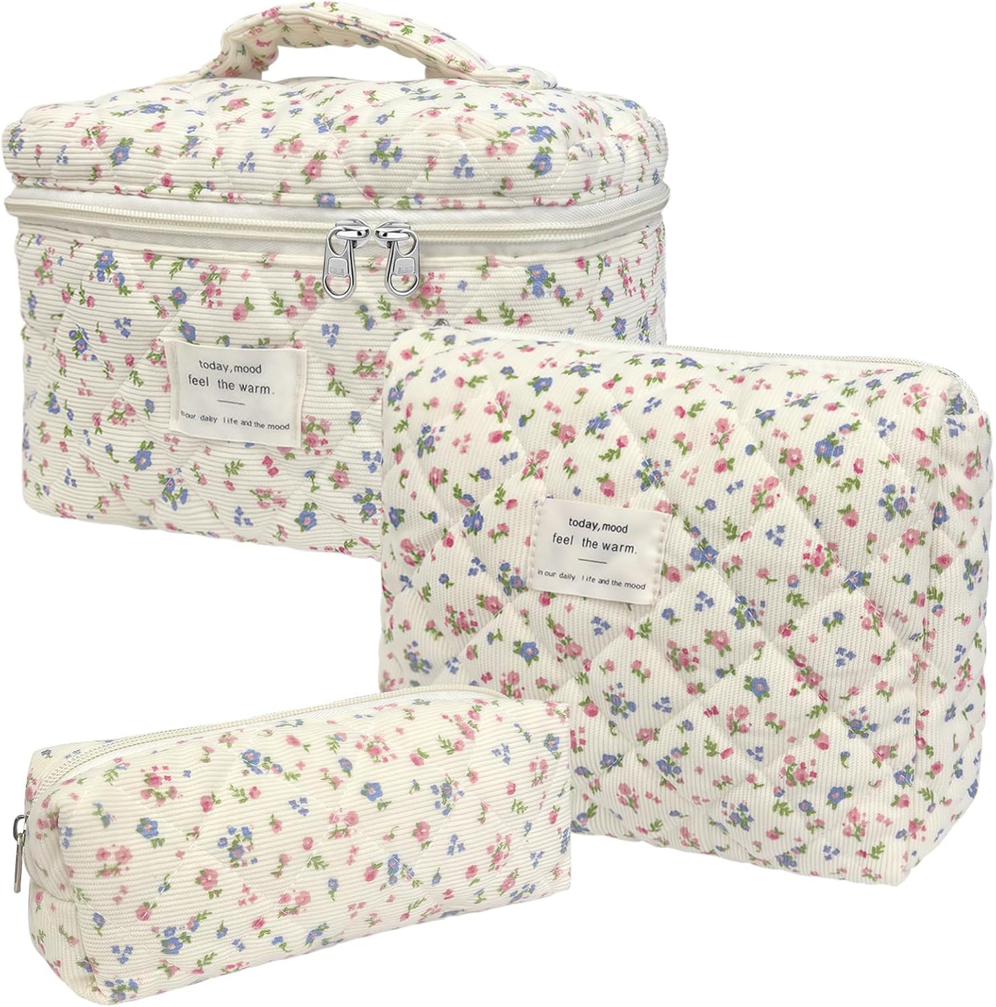 Quilted Makeup Bag, Large Capacity Travel Cosmetic Bag for Women and Girls, Aesthetic Storage for Daily and Travel Use (3pcs- Pinkditsyfloral)