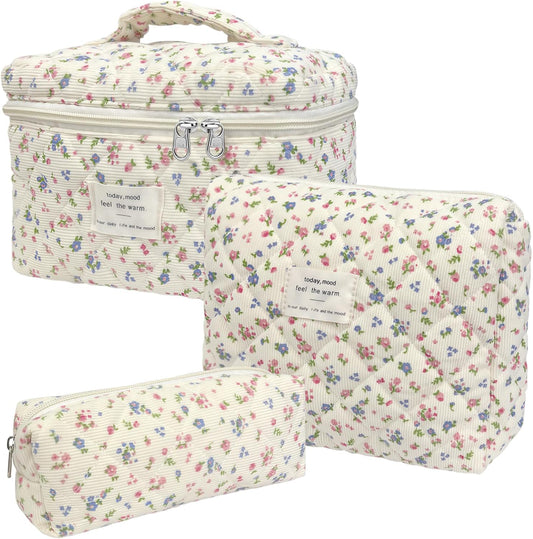 Quilted Makeup Bag, Large Capacity Travel Cosmetic Bag for Women and Girls, Aesthetic Storage for Daily and Travel Use (3pcs- Pinkditsyfloral)