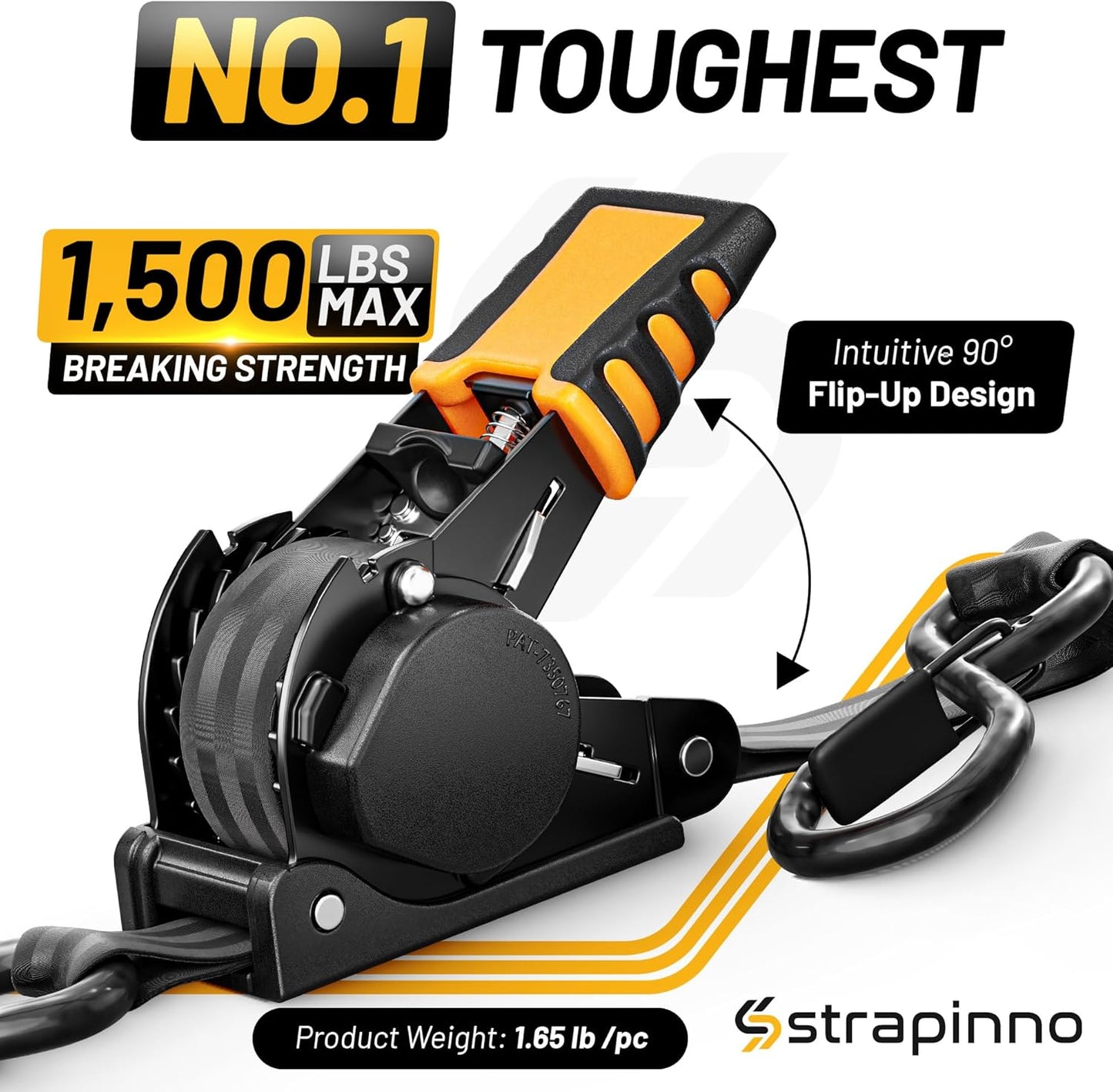 Strapinno Retractable Ratchet Straps 1 in x 10 ft, Secure Tie-Downs with Rubber-Coated Steel Handles, for Motorcycle, Jetski, Kayak, Breaking Strength 1,500LBS/680KG (Black Strap, Black Coated)