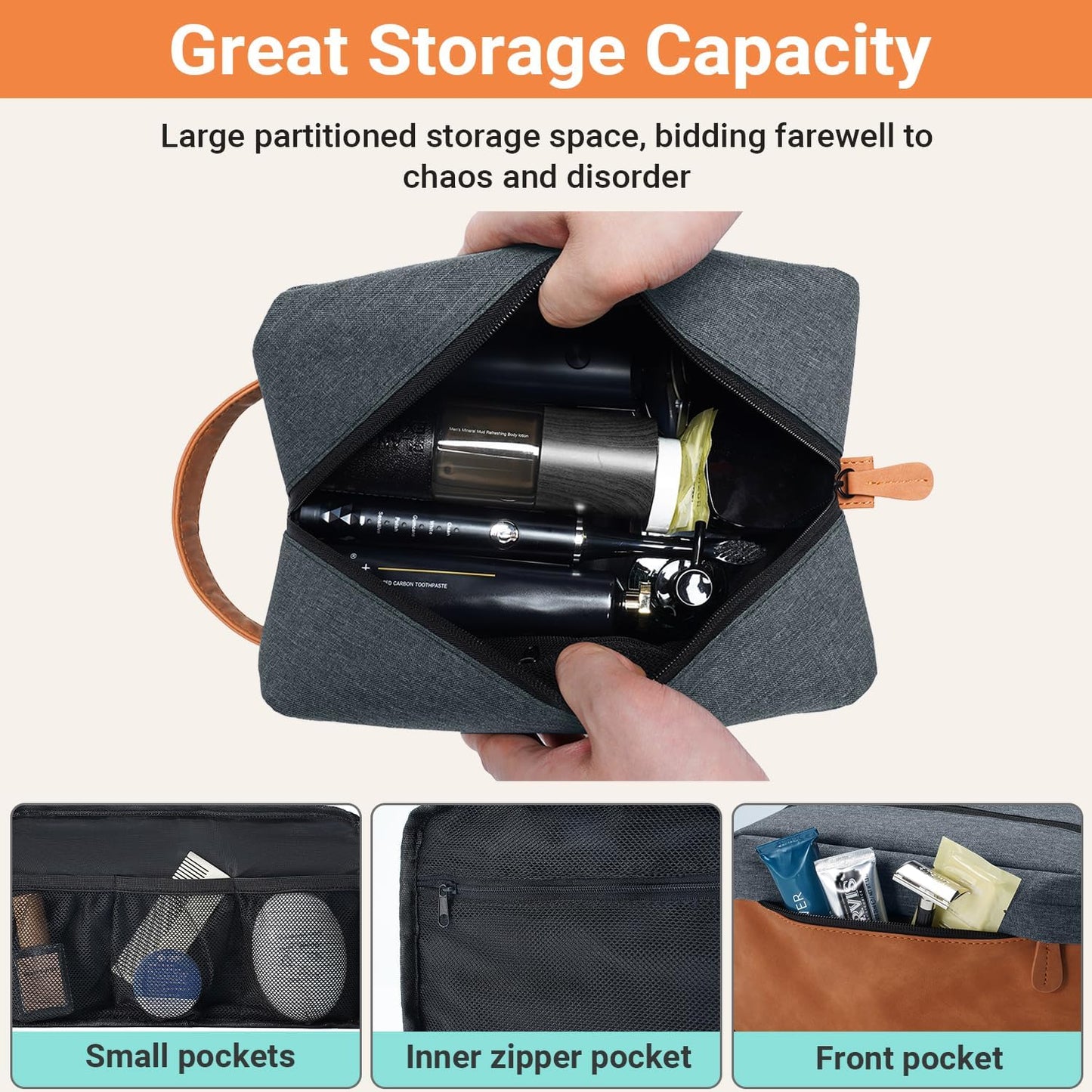 Elviros Travel Toiletry Bag for Men, Hanging Toiletries Bag Water Repellent Dopp Kit PU Leather