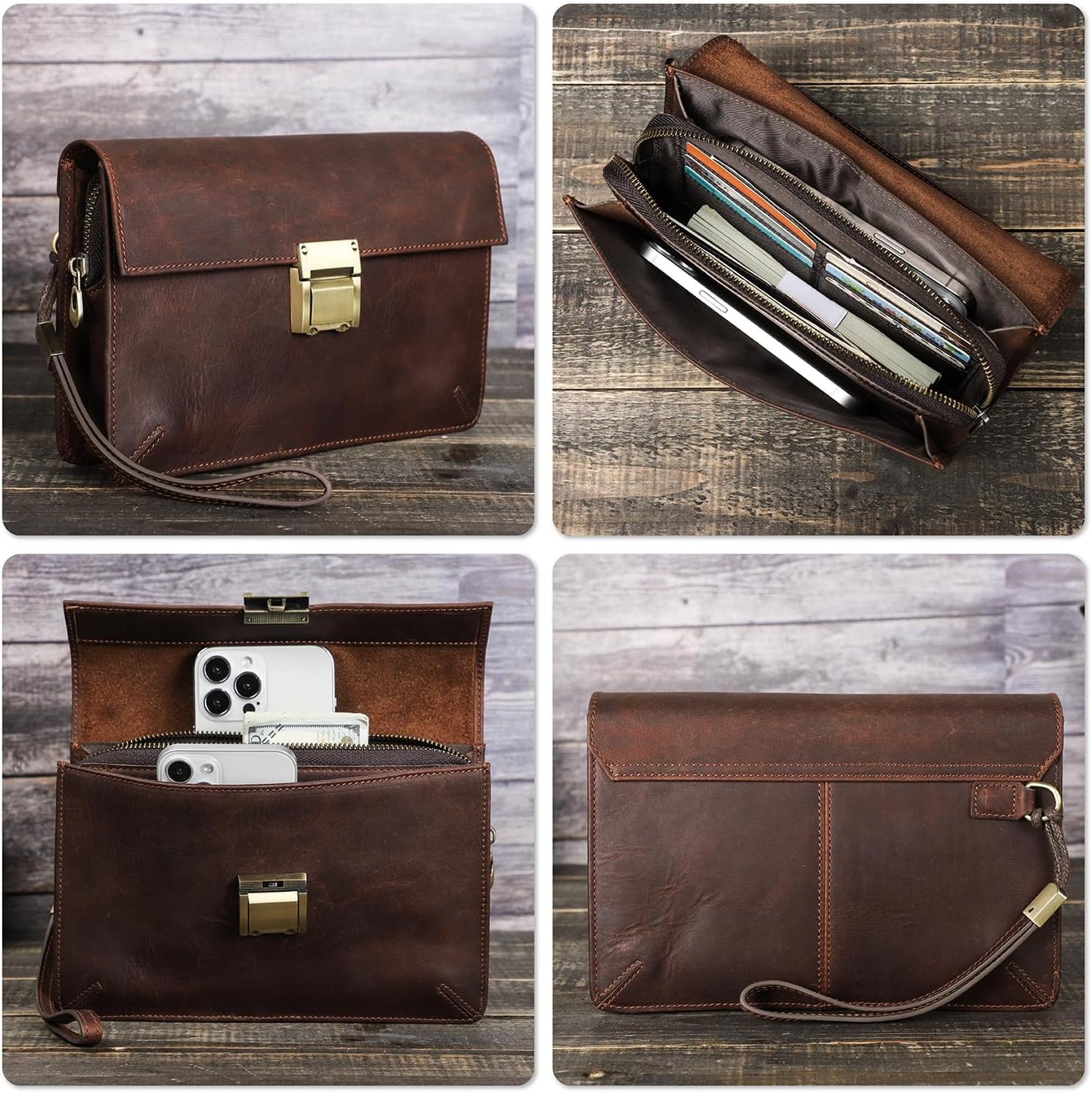 Top Grain Genuine Leather Handbag Wallet with Wristlet for Man & Woman, Handmade Vintage Design, Combination Lock & Multi Pockets/Slots, RFID Large Capacity for Card/Check/Banknote/Passport, Red Brown