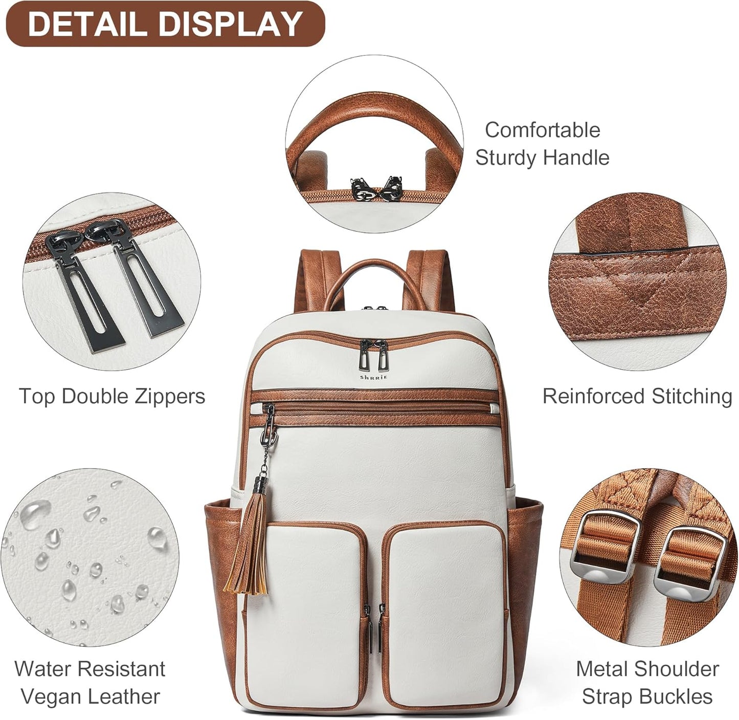 Shrrie Laptop Backpack for Women 16 Inch,Vegan Leather Travel Backpack Purse Work Business Computer Backpacks Teacher Nurse College Laptop Bookbag Casual Daypack,Beige with Brown