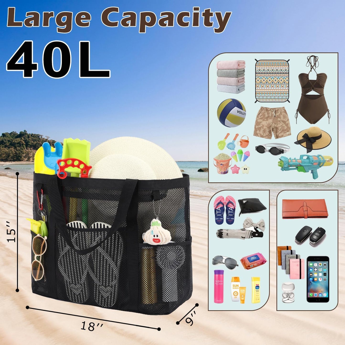 Mesh Beach Bag, Large Beach Tote with Zipper Pocket for Family Pool Bag for Toys & Vacation Essentials