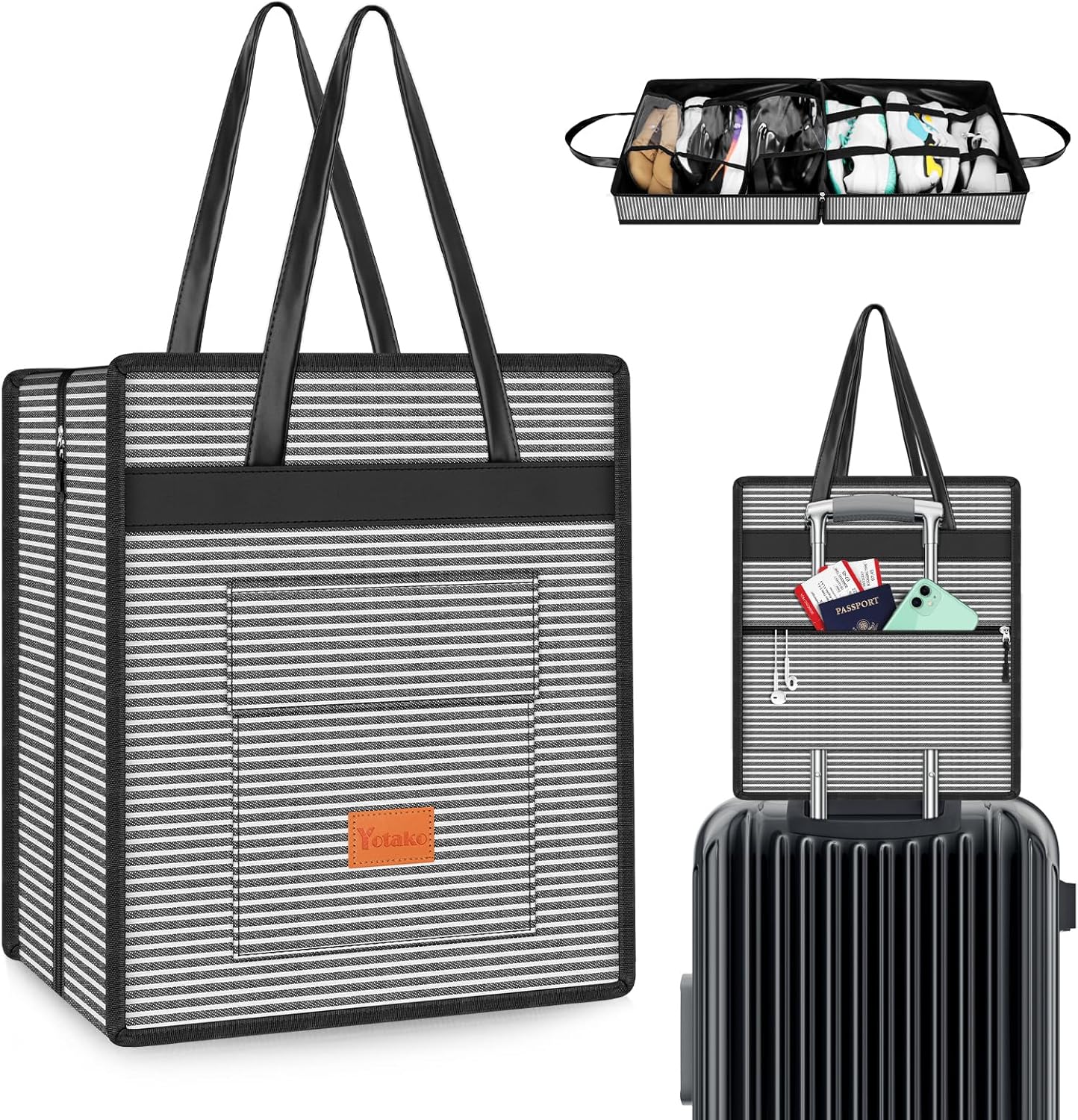 Yotako Shoe Bag for Travel with Leathers Handle-Portable Shoe Organizer with Pockets,3 in 1 Hanging Luggage Shoe Storage Bag,Travel Shoe Bag for Women Men Fit 6 PCS Shoes,Stripe