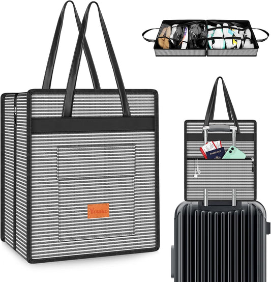 Yotako Shoe Bag for Travel with Leathers Handle-Portable Shoe Organizer with Pockets,3 in 1 Hanging Luggage Shoe Storage Bag,Travel Shoe Bag for Women Men Fit 6 PCS Shoes,Stripe