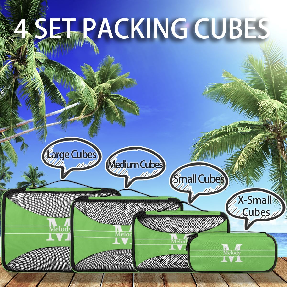 Personalized Packing Cubes, Set of 4 with Zipper Handles for Women Boys, Custom Name Travel Suitcases Luggage Packing Organizers, Lime Green Background with Initial
