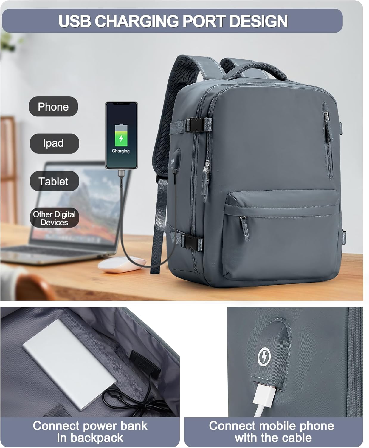 VGCUB Lightweight Travel Backpack for Women Men,Carry on Backpack Flight Approved Luggage,Water Resistant Laptop College Work Backpack Personal Item Daypack Bookbag Mochila de Viaje,Grey blue