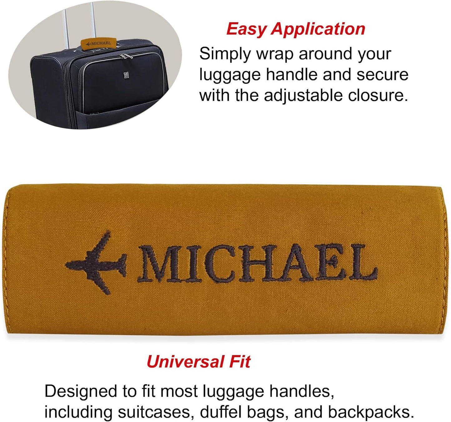 Personalized Luggage Handle Wrap Finder | Custom Embroidered Icon Monograms or Short Text ID Tag | Cover Identifier Marker for Suitcase or Bag | Grips Accessories for Travel by ACORD EU (Cumin)