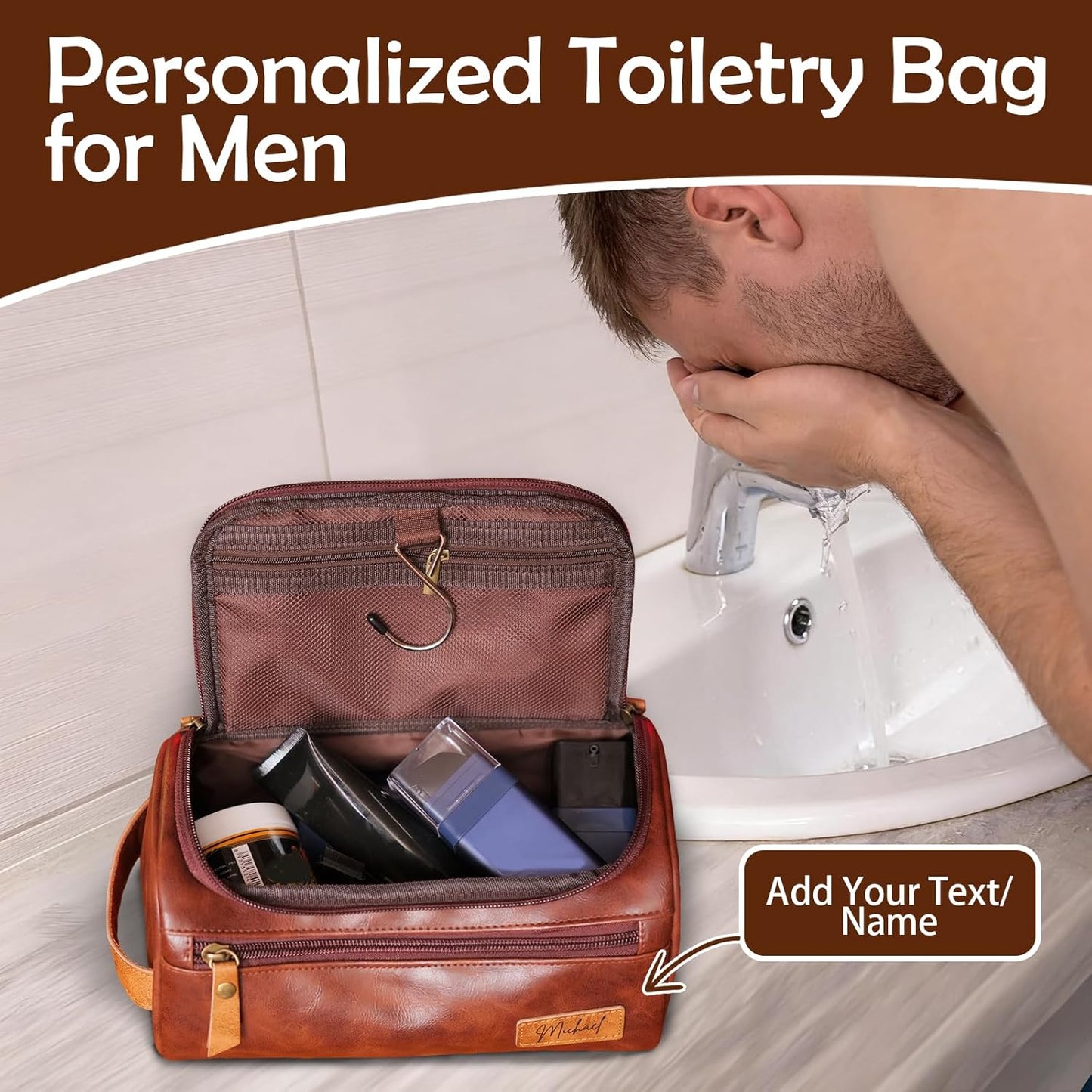 Bleggeit Personalized Toiletry Bag for Men, Laser Engraving on Leather Label, Waterproof PU Leather Toiletry Bag, Men's Travel Accessories, Gifts for Men, Dad, Husband, Boyfriend, Birthday Xmas Gifts