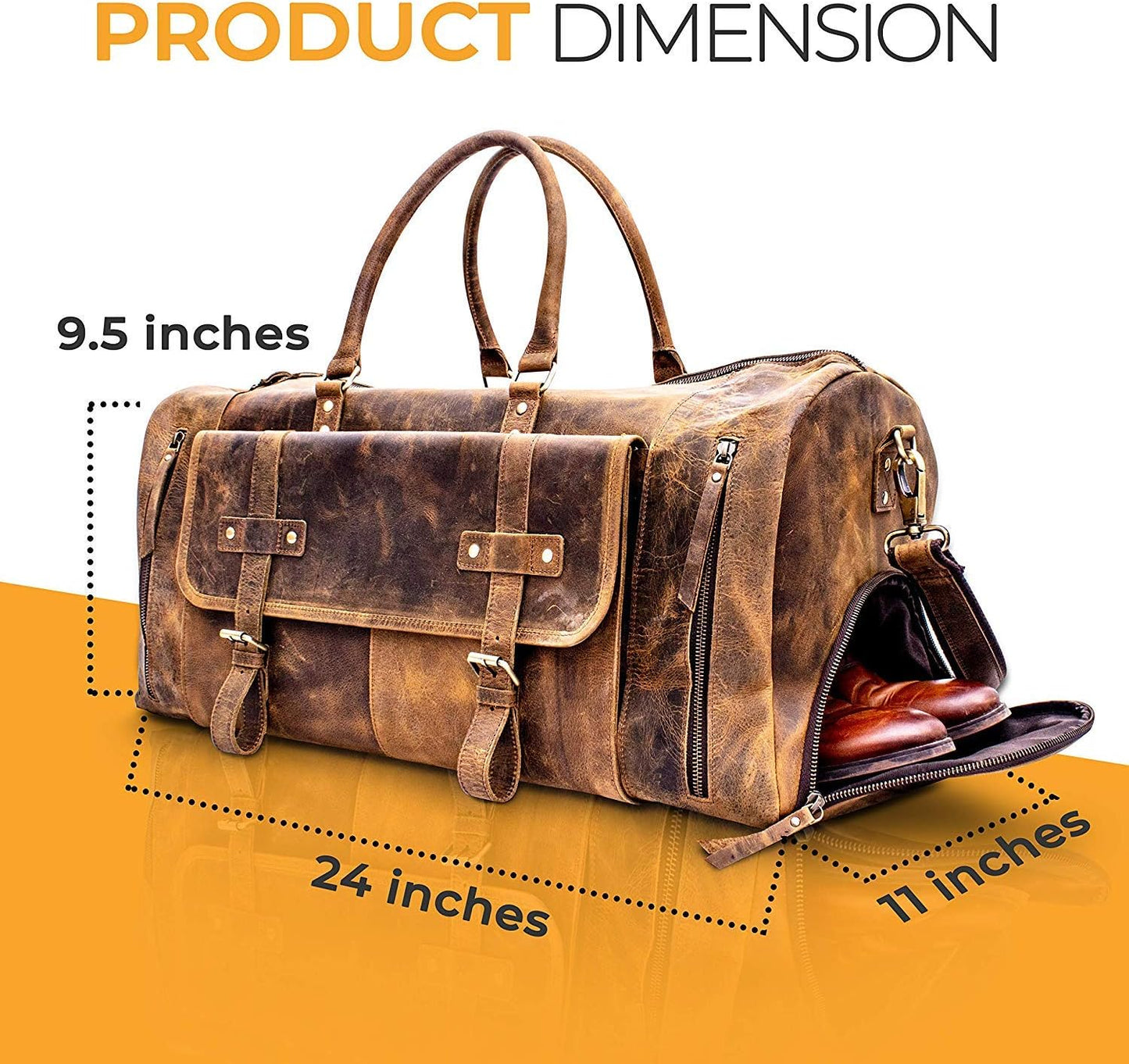 KomalC 24 Inch Brown Leather Duffel Bag for Men and Women with Shoe Pocket