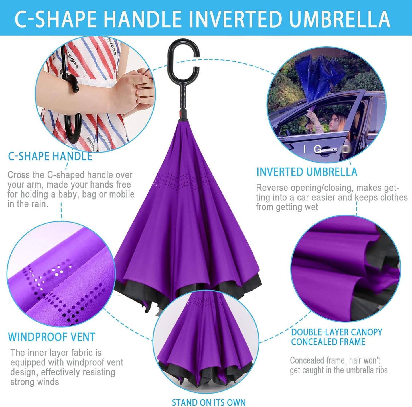 SIEPASA 49/56 Inch Inverted Reverse Upside Down Umbrella, Extra Large Double Canopy Vented Windproof Waterproof Stick Golf Umbrellas with C-shape Handle.