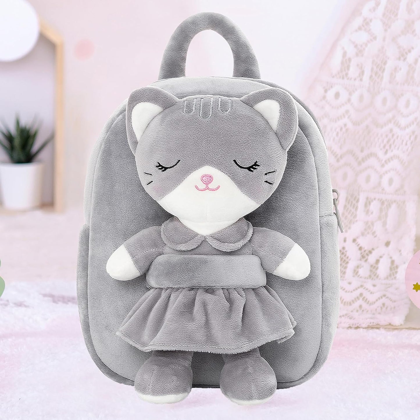 Lazada Kids Backpack Toddler Backpacks Stuffed Animal Cat Toys Small Backpack Gray 9.5"