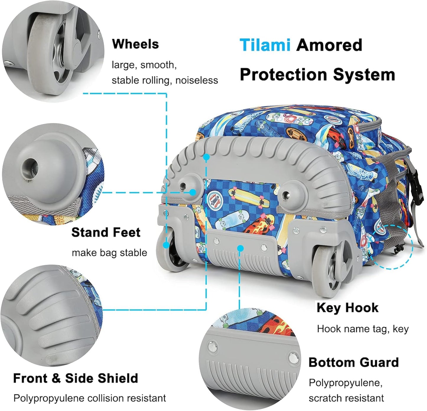 Tilami Rolling Backpack 19 inch with Lunch Bag Wheeled Laptop Backpack, Skateborad
