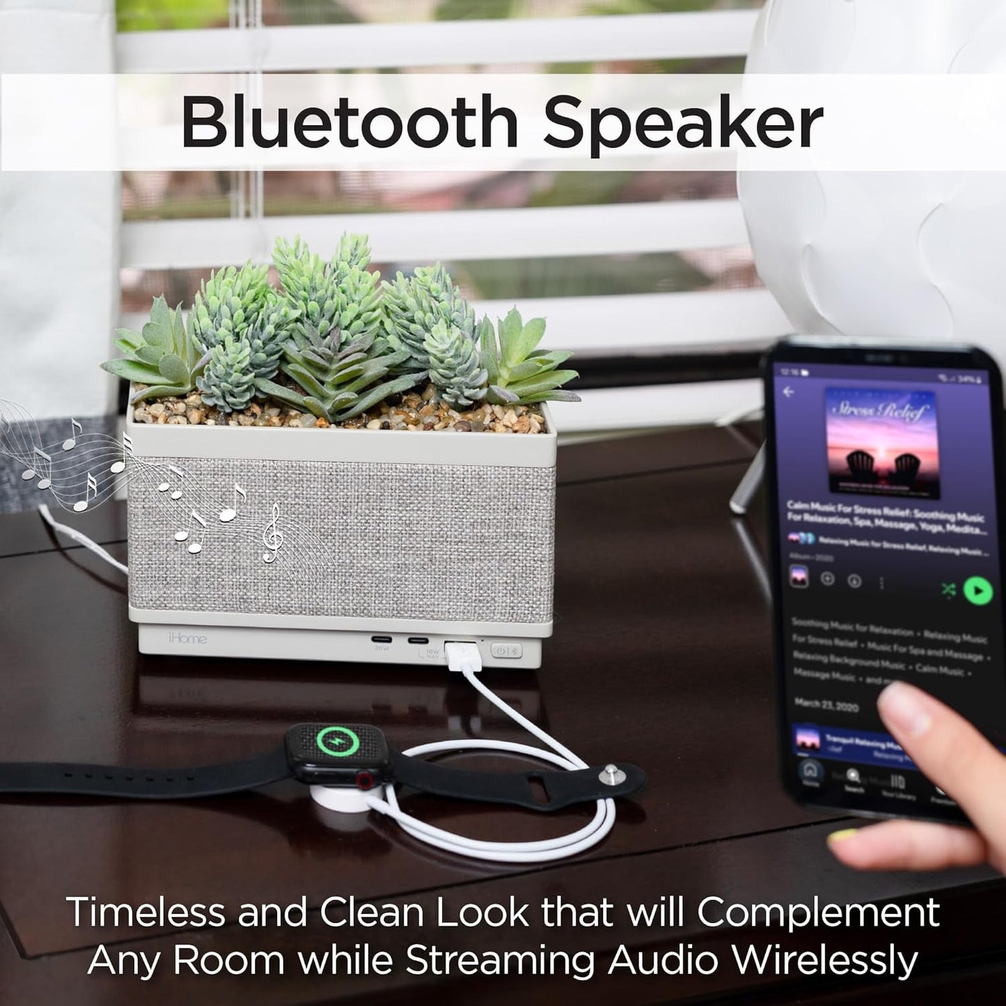 iHome PowerPlant Charging Station with Bluetooth Speaker, Faux Succulent with USB Charging Station for iPhone, Android, and More (iPP60)