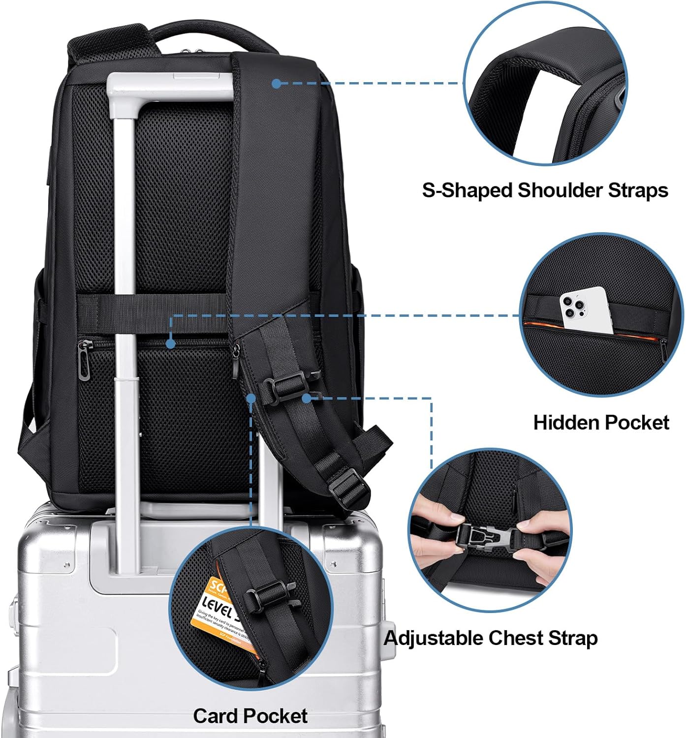 FENRUIEN Business Backpack for Men,Water Resistant Tech Backpack with Charger,Black Laptop Backpack 15.6 Inch