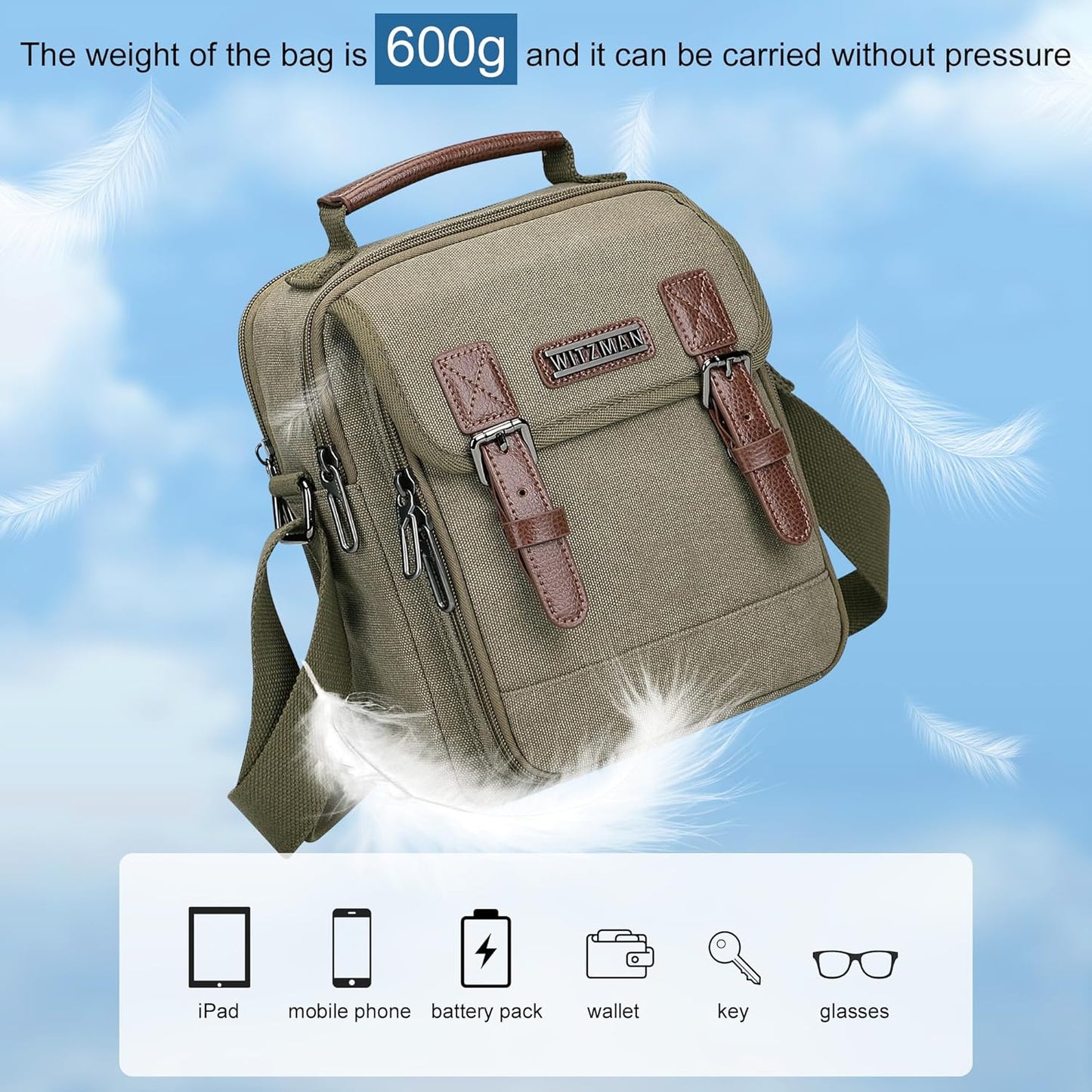 WITZMAN Canvas Small Messenger Bag for Men Crossbody Bag Multi-pocket Casual Shoulder Bag Travel Chest Bag
