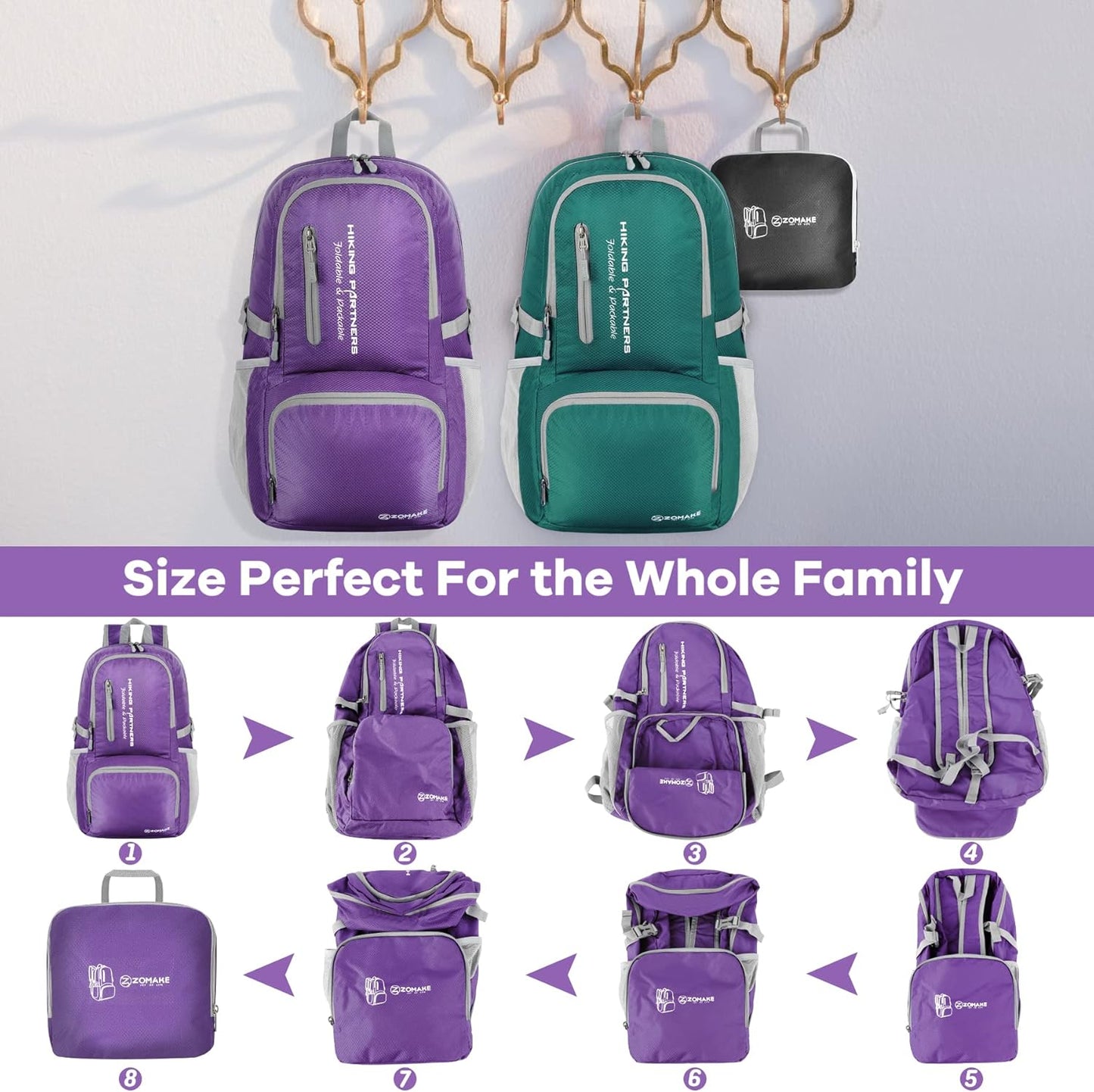 ZOMAKE Lightweight Packable Backpack, 35L Light Foldable Hiking Backpacks Water Resistant Collapsible Daypack for Travel(Purple)