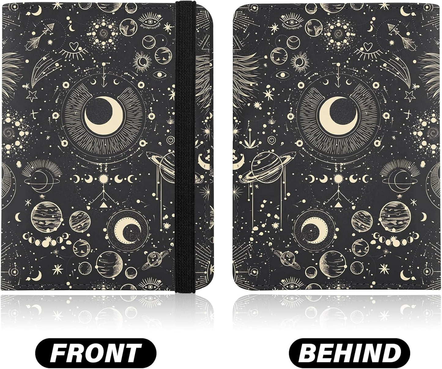 Cute Passport Holder and Holder Combo Passport Cover with Compatible Wallet Credit Card Protector RFID Blocking Women Men (Black Moon Sun)