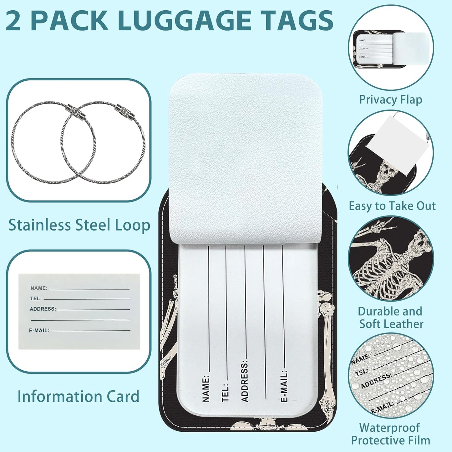 2 Pack Cute Luggage Tag for Suitcases Human Skeleton Leather Luggage Tags with Stainless Steel Loop Privacy Flap Name Tags,Men and Women Travel Bag Suitcase Tags