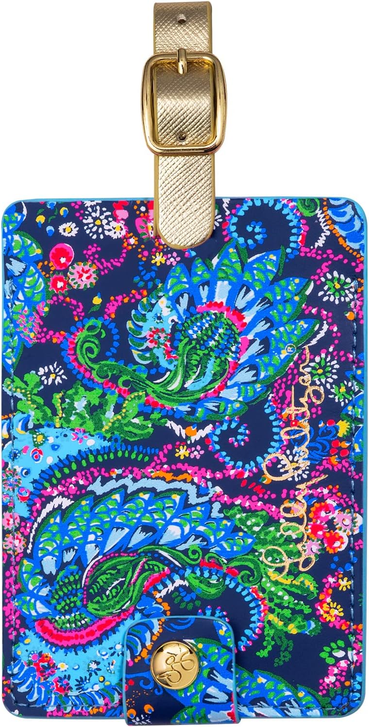 Lilly Pulitzer Leatherette Luggage Tag with Secure Strap, Colorful Suitcase Identifier for Travel