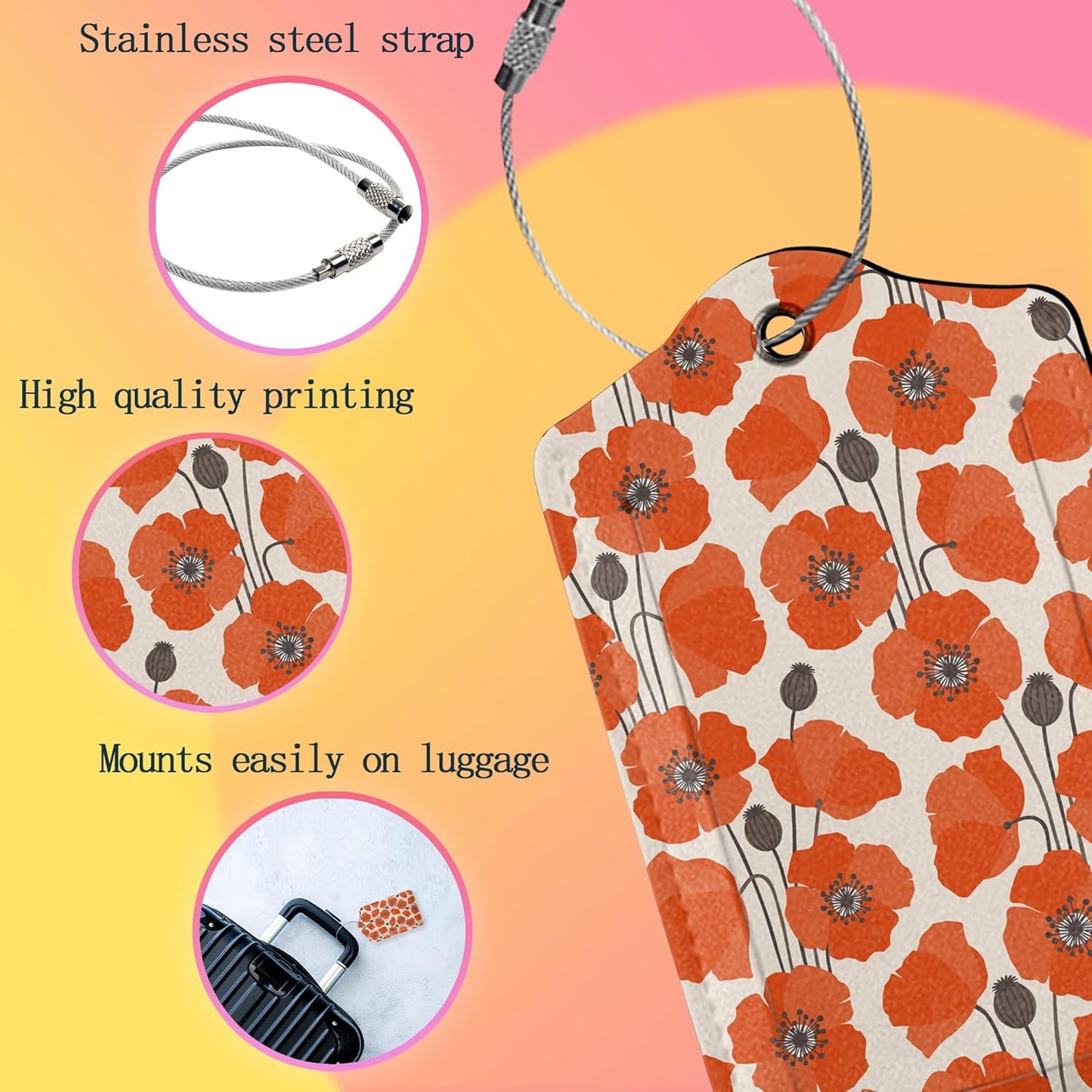2 Pack Luggage Tag for Suitcases,Vintage Poppy Flower PU Leather Bag Travel Suitcase ID Identifier Baggage Tags for Women Men Travel