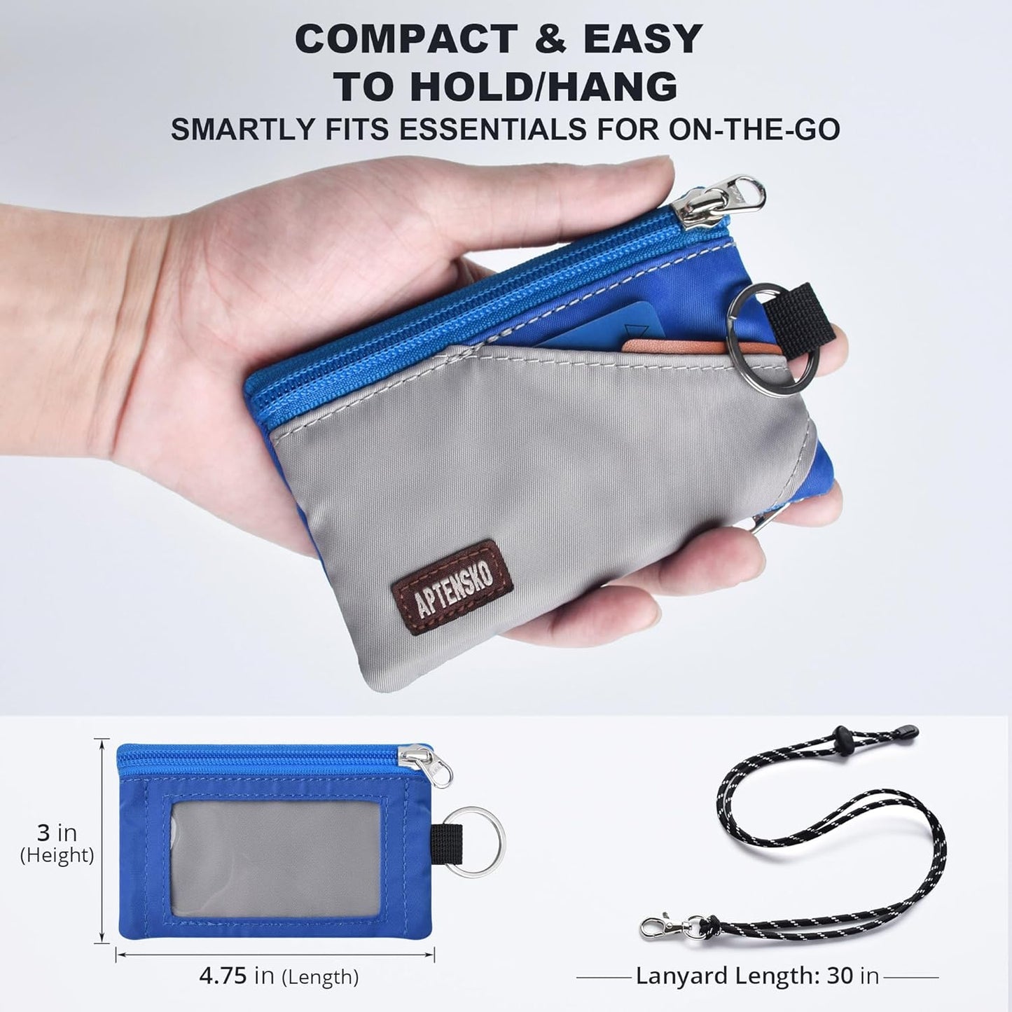 RFID Travel Wallet with Adjustable Lanyard-Zipper Small Wallet with ID Card Holder, Keychain for women&men-Minimalist Slim Waterproof Nylon case for ID, Cash, Key (Grey+Blue)