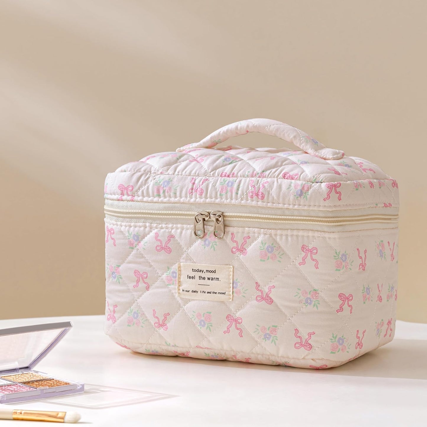 HBselect Quilted Makeup Bag, 3PCS Cotton Large Travel Makeup Bag, Cute Floral Coquette Make up Bag Cosmetic Bag Toiletry Bag for Women Girls