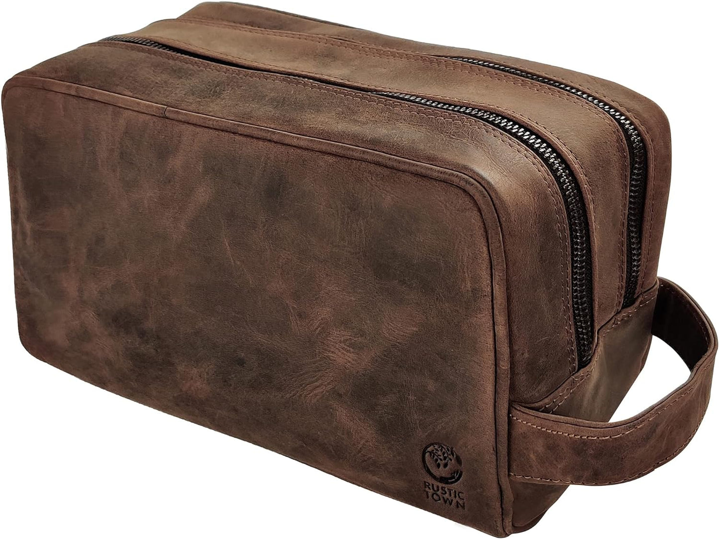 RUSTIC TOWN Full Grain Leather Travel Toiletry Bag - Cosmetic Ditty Kit Organizer (Dark Brown)