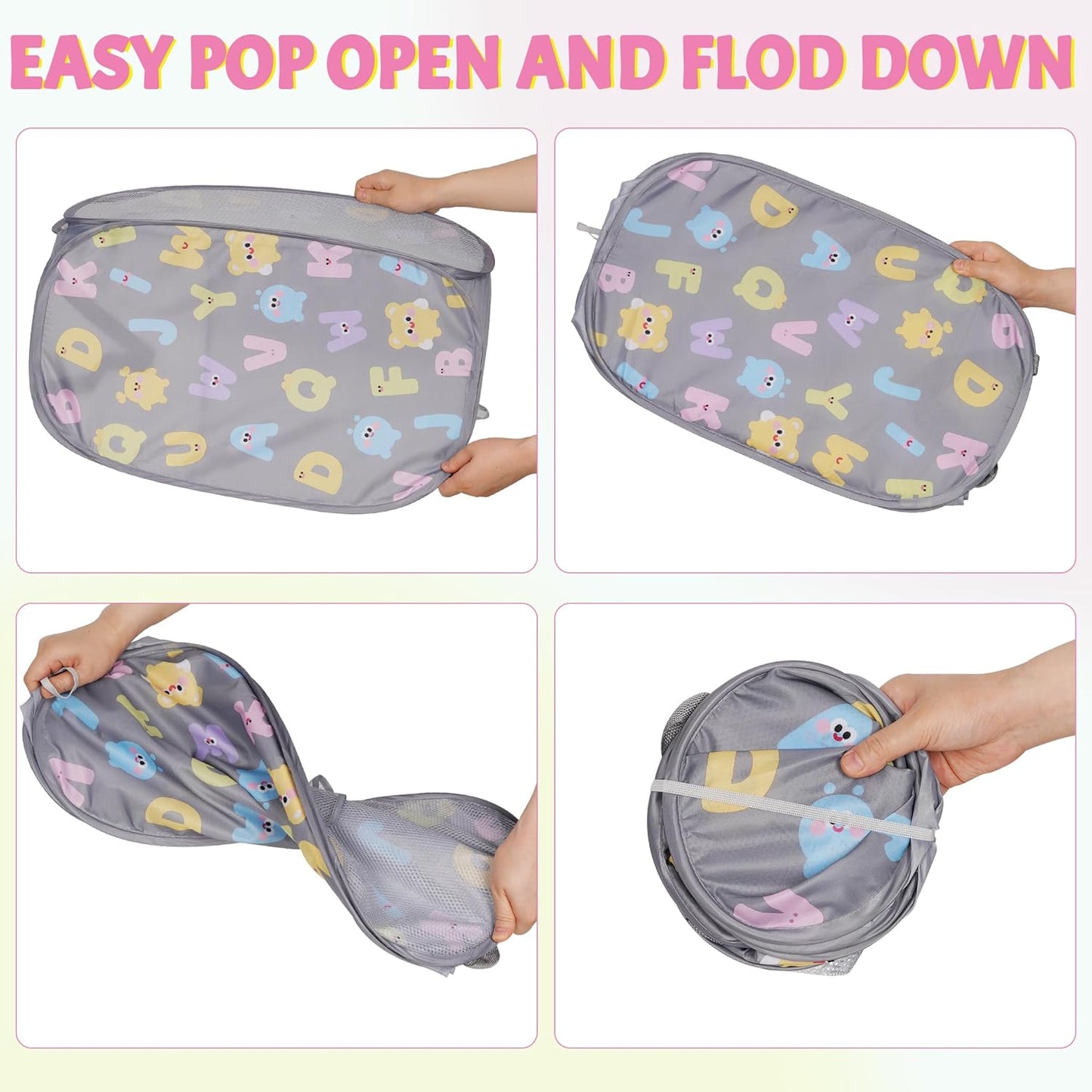 Collapsible Pop Up Hamper for Baby Clothes or Toys Storage, Mesh Hamper with Handles & Side Pocket, Multi-Use Laundry Hamper & Toy Basket, Portable for Home, Travel, Dorm (Gray-Horizontal)