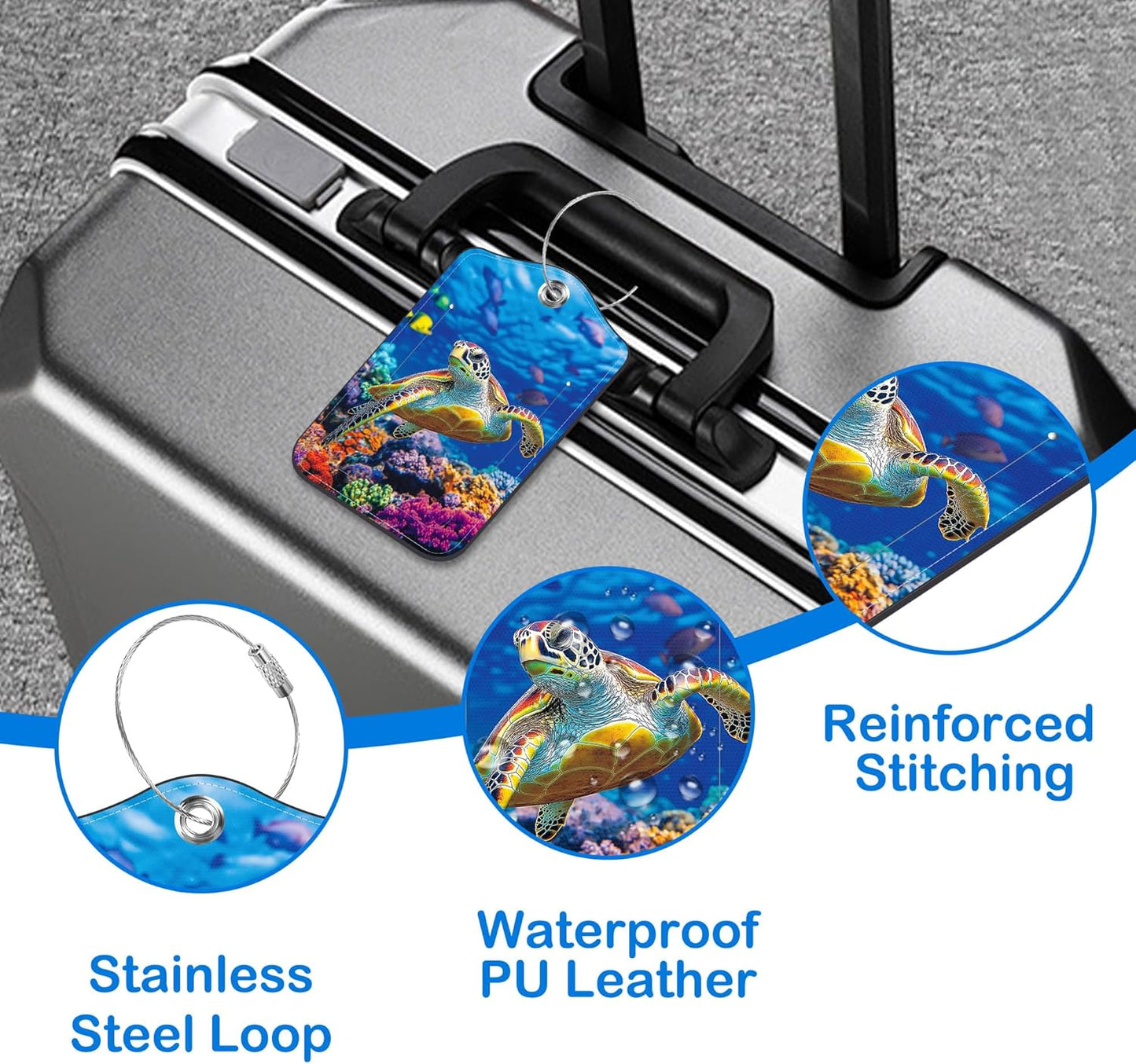 2 Pcs Luggage Tags for Suitcases, Sea Turtle Leather Bag Tags for Luggage Privacy Cover Name ID Label with Stainless Steel Loop Cruise Airport Travel Essentials
