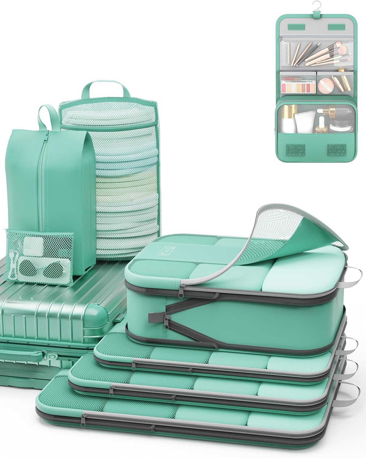 8 Set Compression Packing Cubes for Travel Essentials,Compressible Expandable Packing Cubes for Suitcase,OlarHike Luggage Organizer Bags for Travel,Handy Helper for Organizing Clothes(New Blue Green)