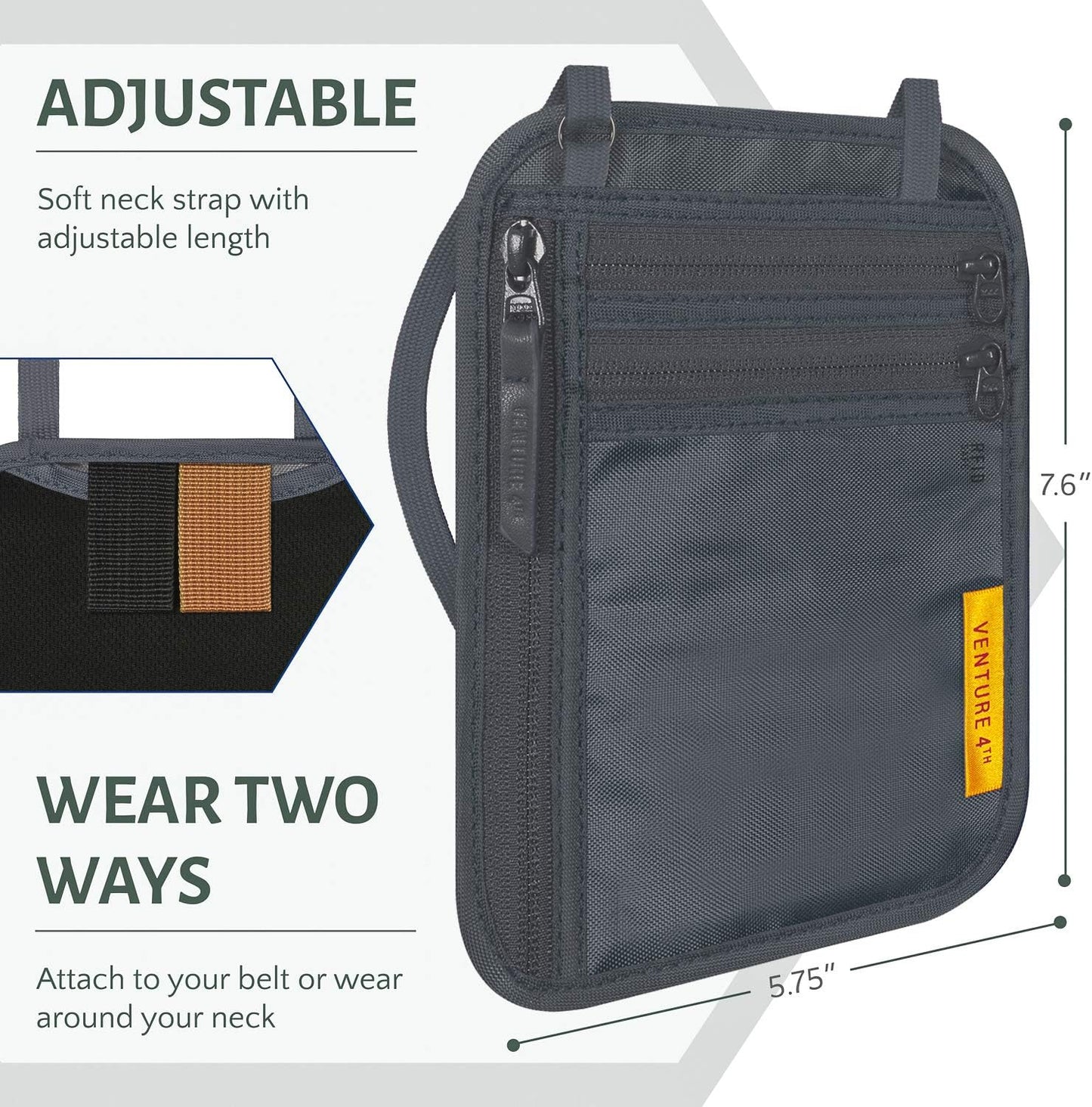 VENTURE 4TH Slim Passport Holder Neck Pouch with RFID Blocking Travel Neck Wallet and a Nylon Lining (Gray)