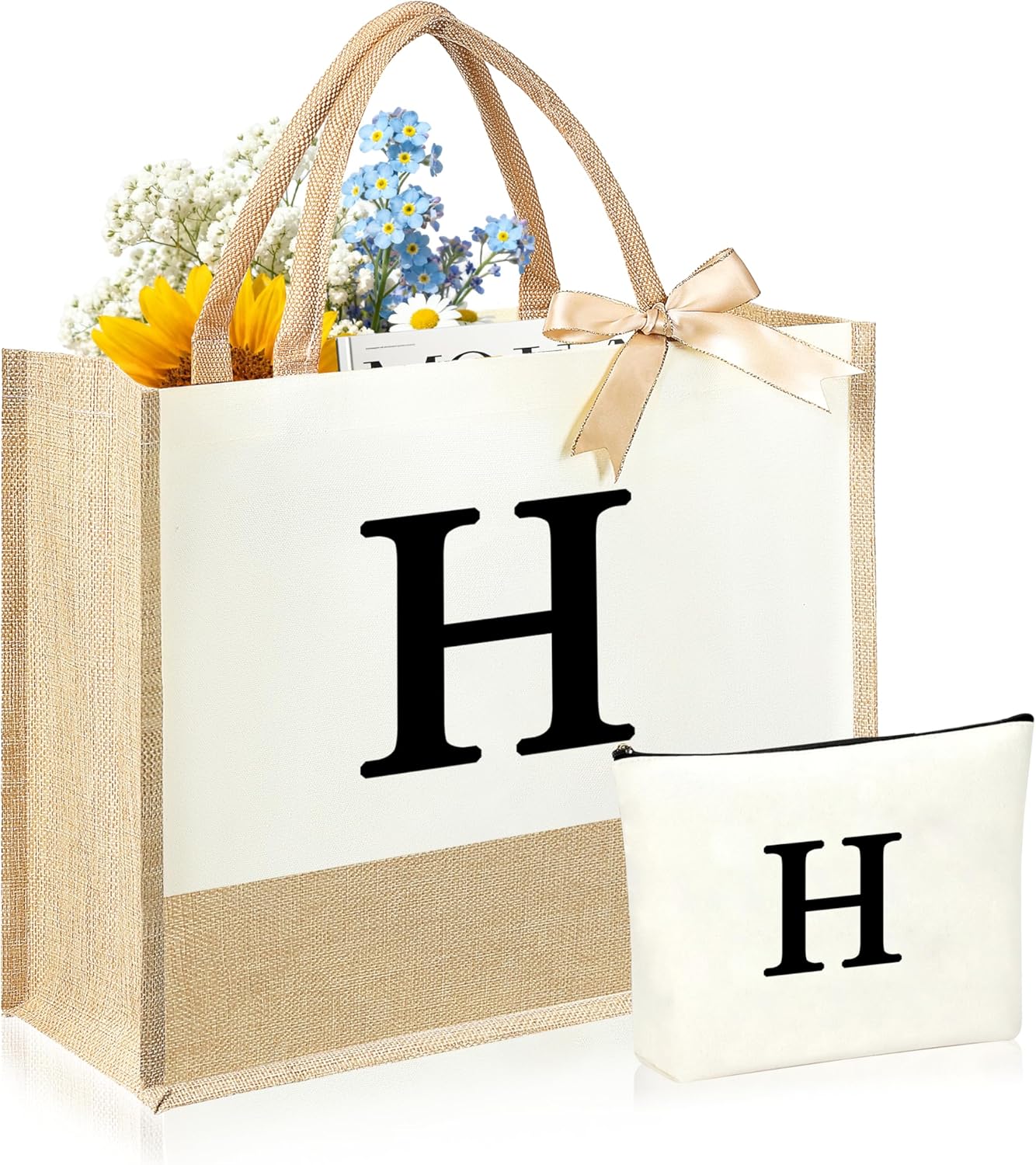 Initial Canvas Tote Bag & Makeup Bag for Women Teacher Bridesmaids，Personalized Present for Wedding, Birthday, Beach
