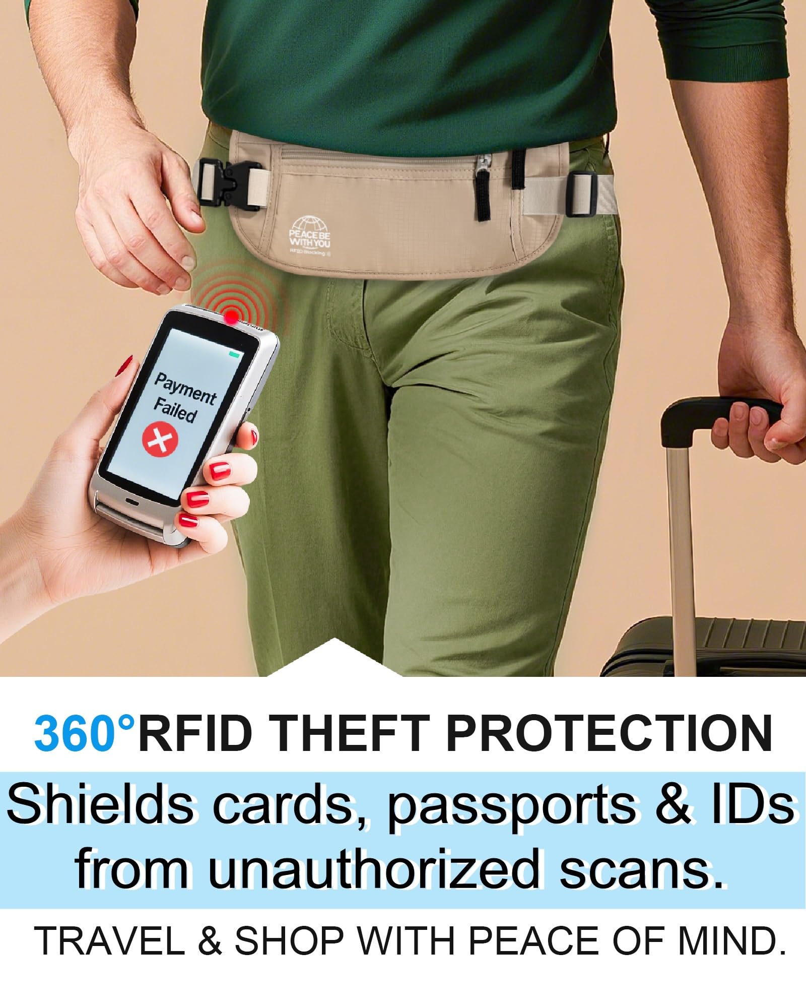 Money Belt for Travel, Passport Holder, RFID Blocking, Sweat-Proof, Beige