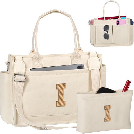Gifts for Women Teen Girls, Initial Tote Bag with Zipper, Letter Canvas Tote Purse for College Work Laptop Beach