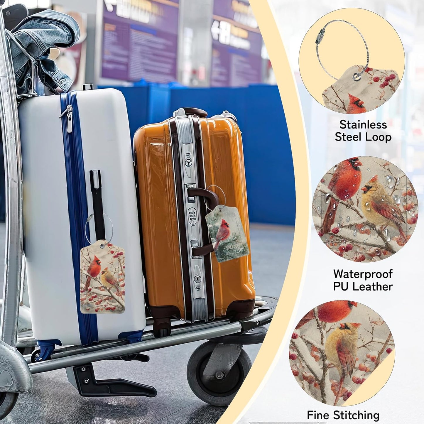 3 Pack PU Red Cardinal Birds Leahter Luggage Tag with Stainless Steel Loop,Travel Suitcase Labels with Privacy Cover ID Label Quickly Spot for Bags