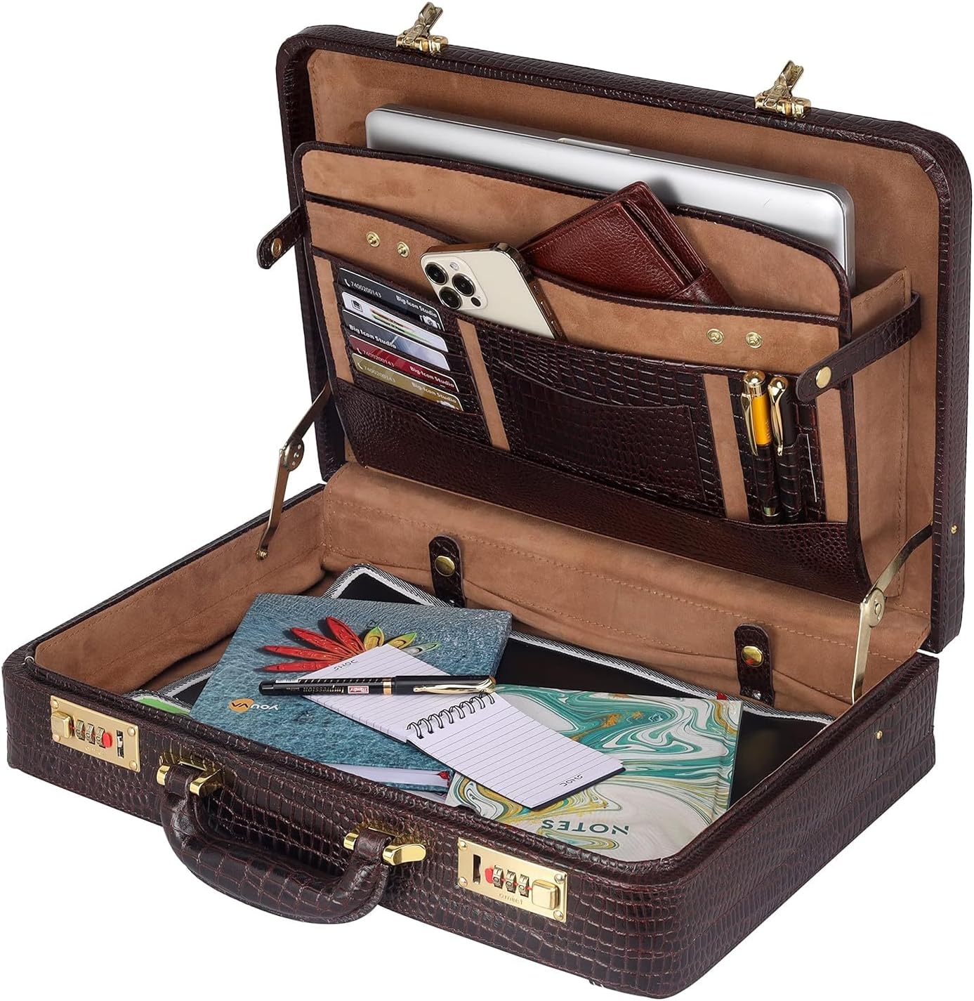 Full Grain Leather Briefcase Attache Case For Unisex Size L18 x W5 x H12 Inches Expandable Briefcase Bag