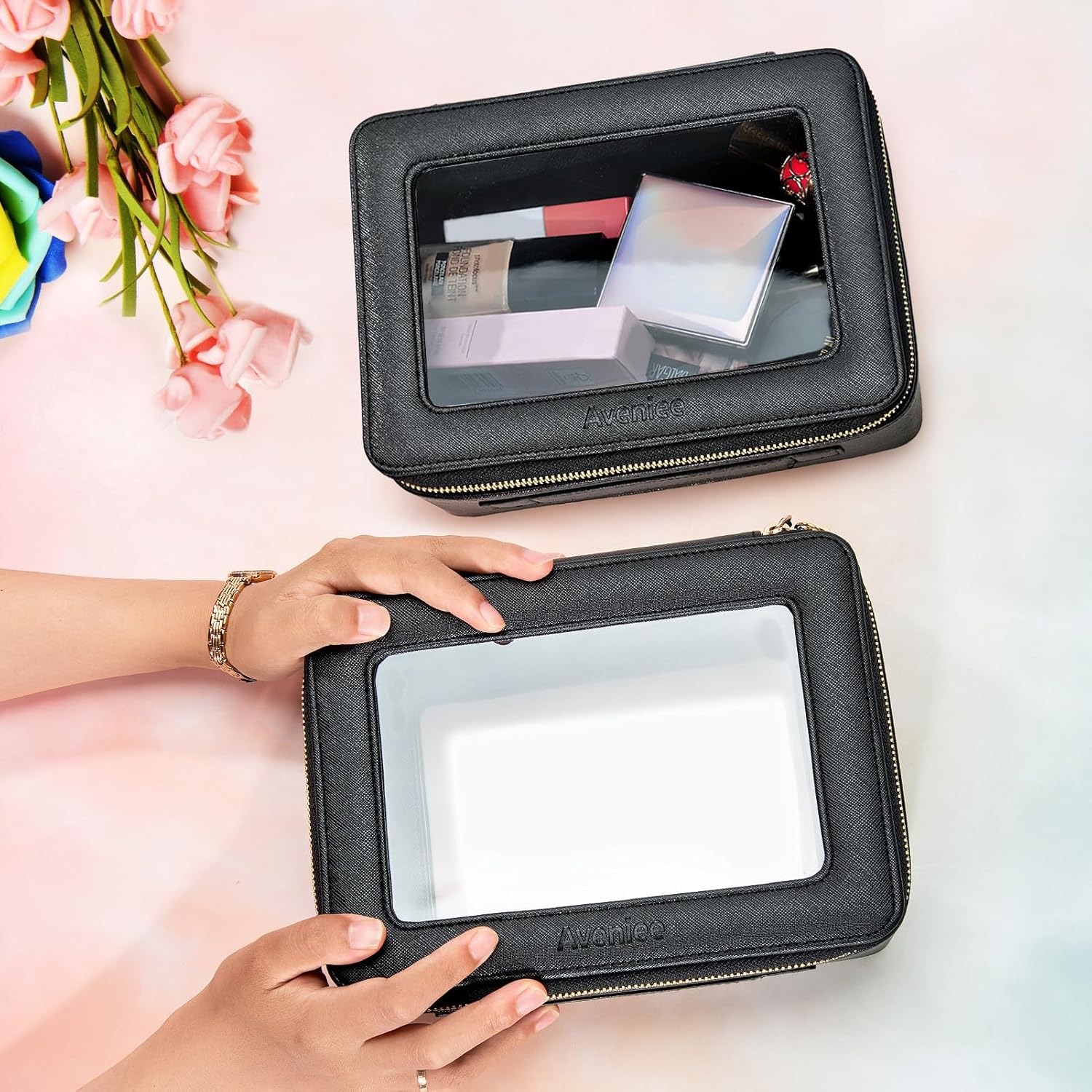 Aveniee Clear Makeup Bag Set,Portable Travel Toiletry Bag Cosmetic Case for Women,Vegan Leather