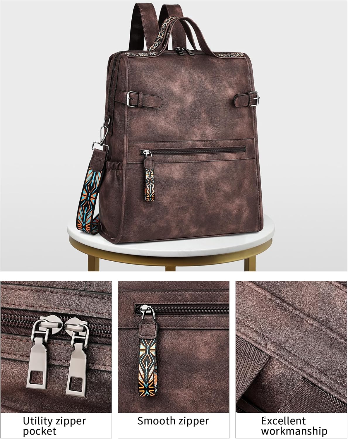 FADEON Leather Laptop Backpack for Women, Designer Ladies Work Travel Computer Backpack with Laptop Compartment Coffee Brown