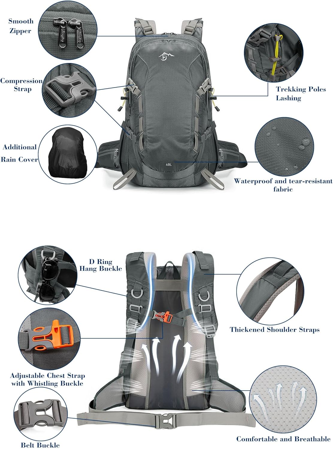 Long Keeper 40L Hiking Backpack Camping Daypack with Waterproof Rain Cover Lightweight Outdoor