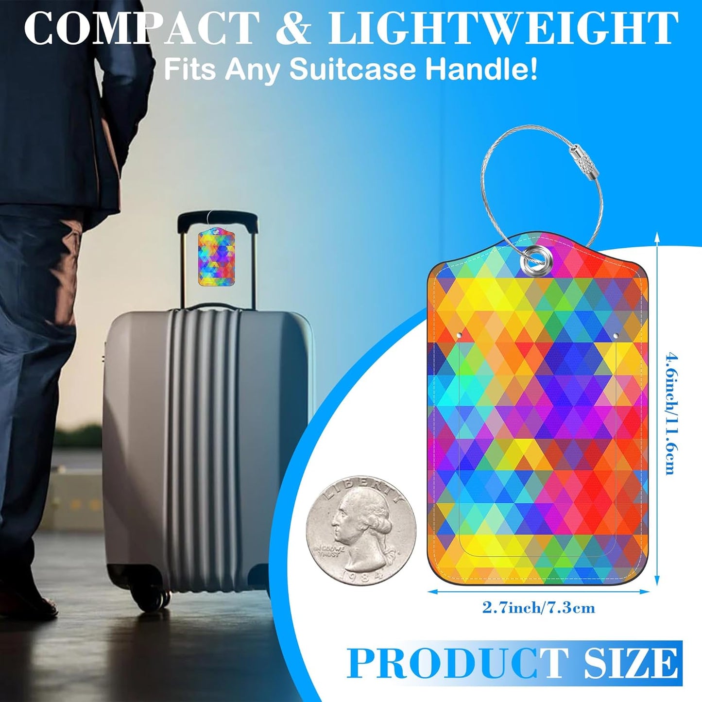 Polygonal and Rainbow Color Rhombus Luggage Tags for Suitcases Leather Travel Tags for Luggage ID Label with Privacy Cover and Stainless Steel Loop for Men Women Suitcase Backpack, Set of 2