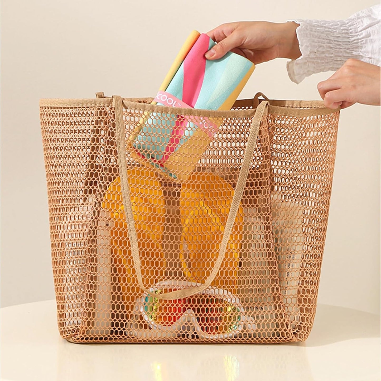 Large Beach Bags for Women, Mesh Beach Tote with Zipper, Foldable Pool Tote Bag Travel Beachbag Waterproof Sandproof