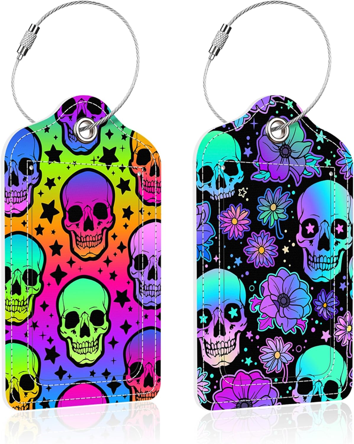 2 Pack Neon Skulls Luggage Tag for Suitcase,Skulls and Flowers PU Leather Suitcase Tags Identifiers with Privacy Name Address Labels and Steel Loop for Women Men Travel