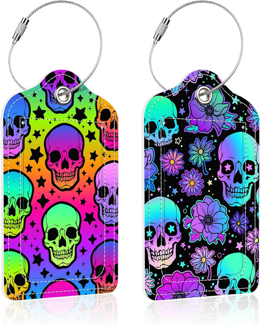 2 Pack Neon Skulls Luggage Tag for Suitcase,Skulls and Flowers PU Leather Suitcase Tags Identifiers with Privacy Name Address Labels and Steel Loop for Women Men Travel