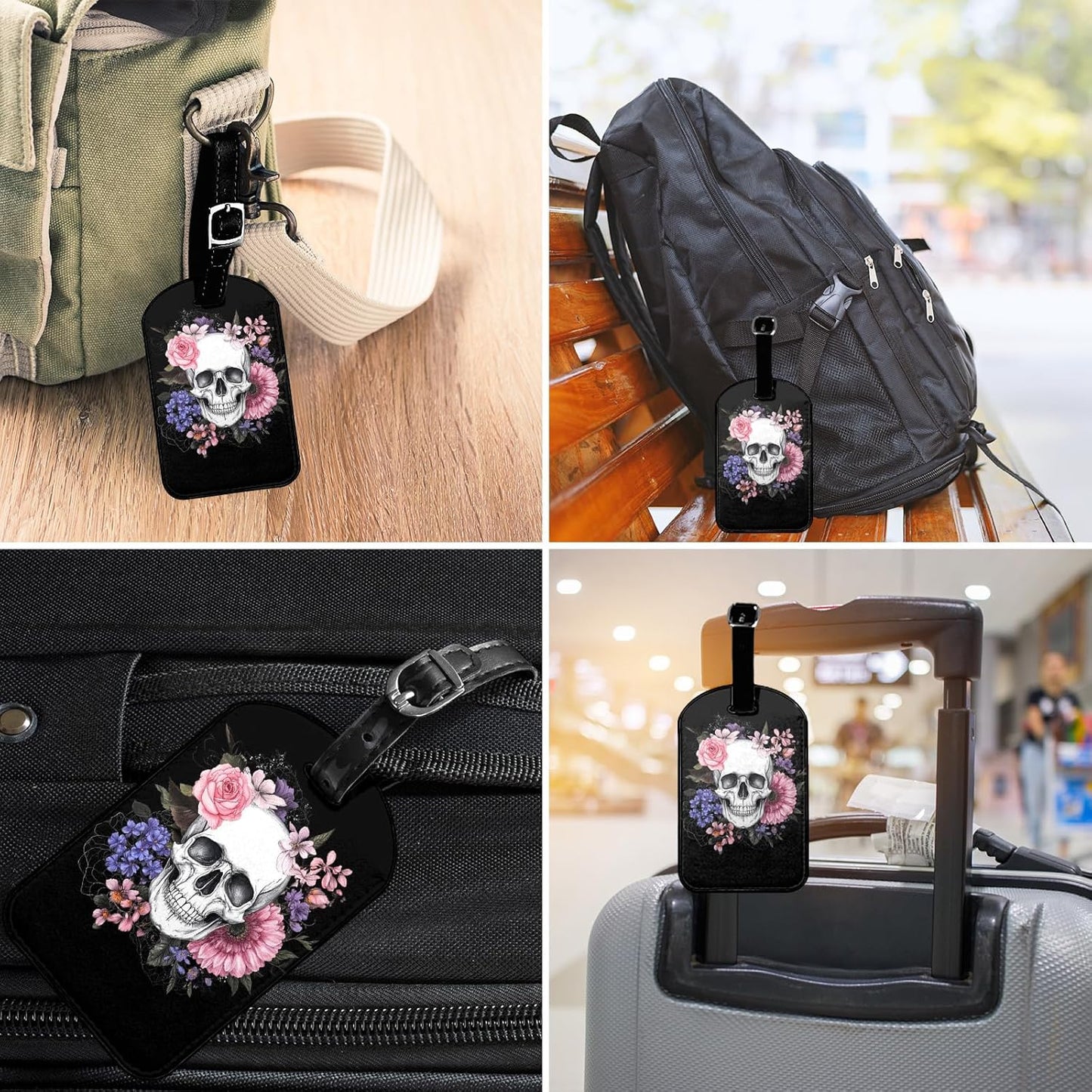 Skull and Flowers Leather Luggage Bag Case Tags Day of The Dead Horrible Baggage Suitcase Labels Name Tags Travel Accessories for Adult Women Men, 1 Pack Black