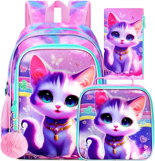 3PCS Girls Cat Backpack, Water Resistant Kids Bookbag Set with Lunch Box, Cute School Bag for Preschool Toddler