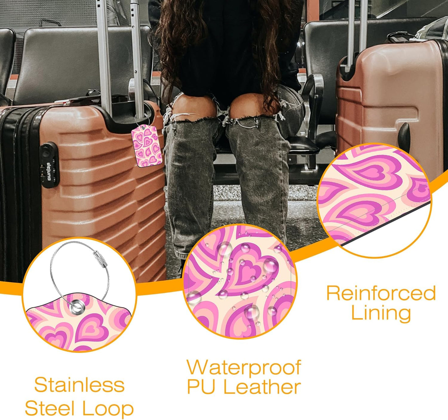 3 Pack PU Luggage Tags for Suitcase, Love Hearts Suitcase Tag Leather Privacy Cover ID Label with Stainless Steel Loop for Baggage Handbag School Bag Backpack